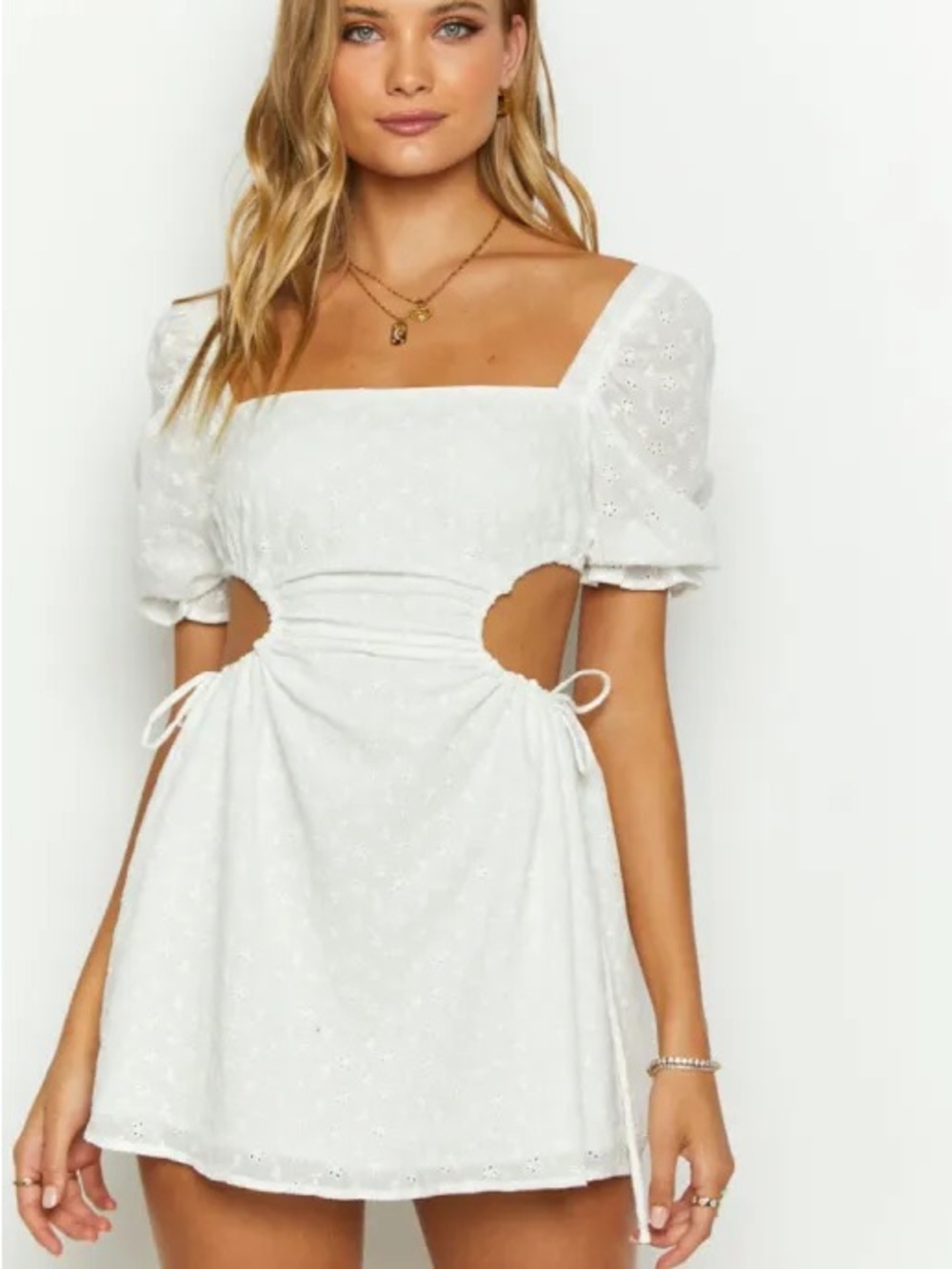 Beginning Boutique White Eyelet Cutout Mini Dress - Women's Dress